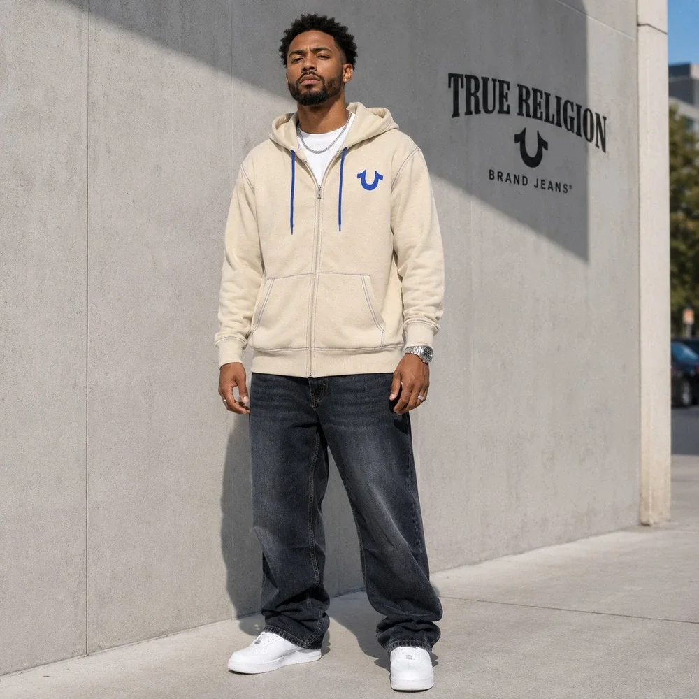 TRUE RELIGION Men's New MEDIUM Full Zip Hoodie Fog Beige Buddha Guitar 701400